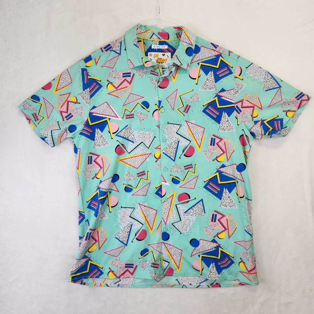 Oh Snap! by Drill Clothing Co‎ Mens Large 90s Geometric Print Stretch Shirt Mint